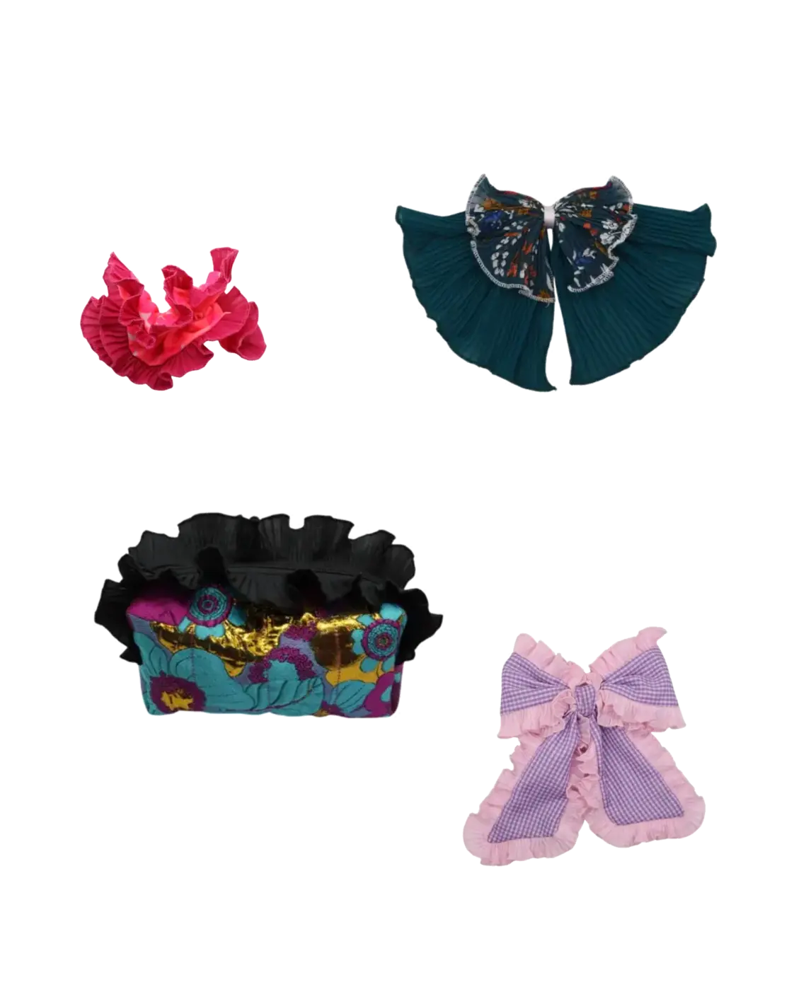 Cosmetiquero, cinta abanico, traba rumba y cinta XL coquette con plisados